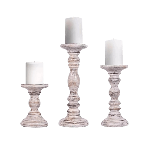 MANGO WOOD PILLAR CANDLE HOLDER SET OF 3 (WHITE)